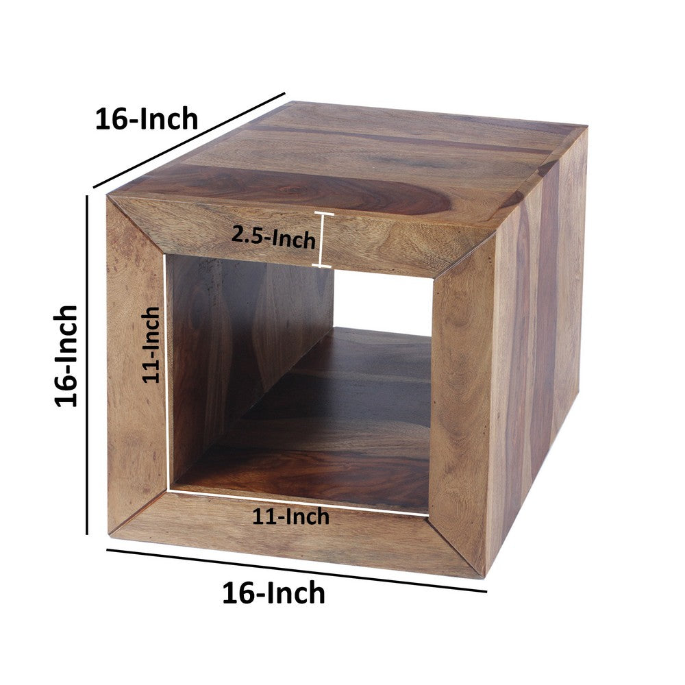 16 Inch Cube Shape Rosewood Side Table With Cutout Bottom, Brown By The Urban Port