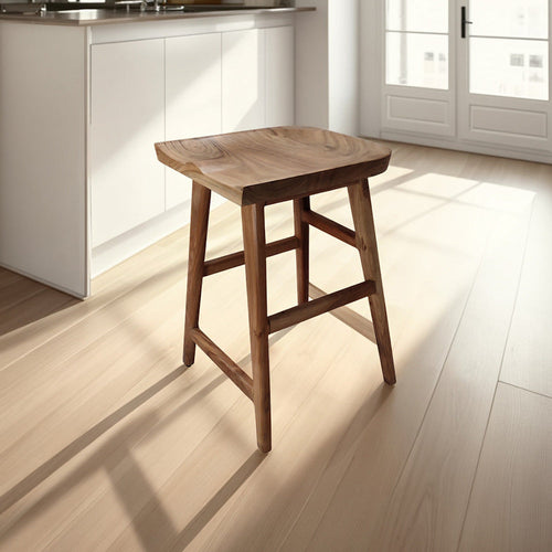 Tisa 24 Inch Backless Counter Height Stool, Handcrafted Saddle Seat in Natural Brown Acacia Wood By The Urban Port