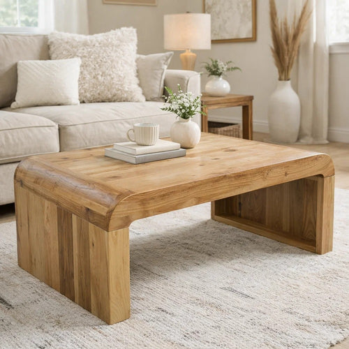 Cascade 36 Inch Coffee Table, Handcrafted Natural Acacia Wood, Rectangular Curved Waterfall Top By The Urban Port