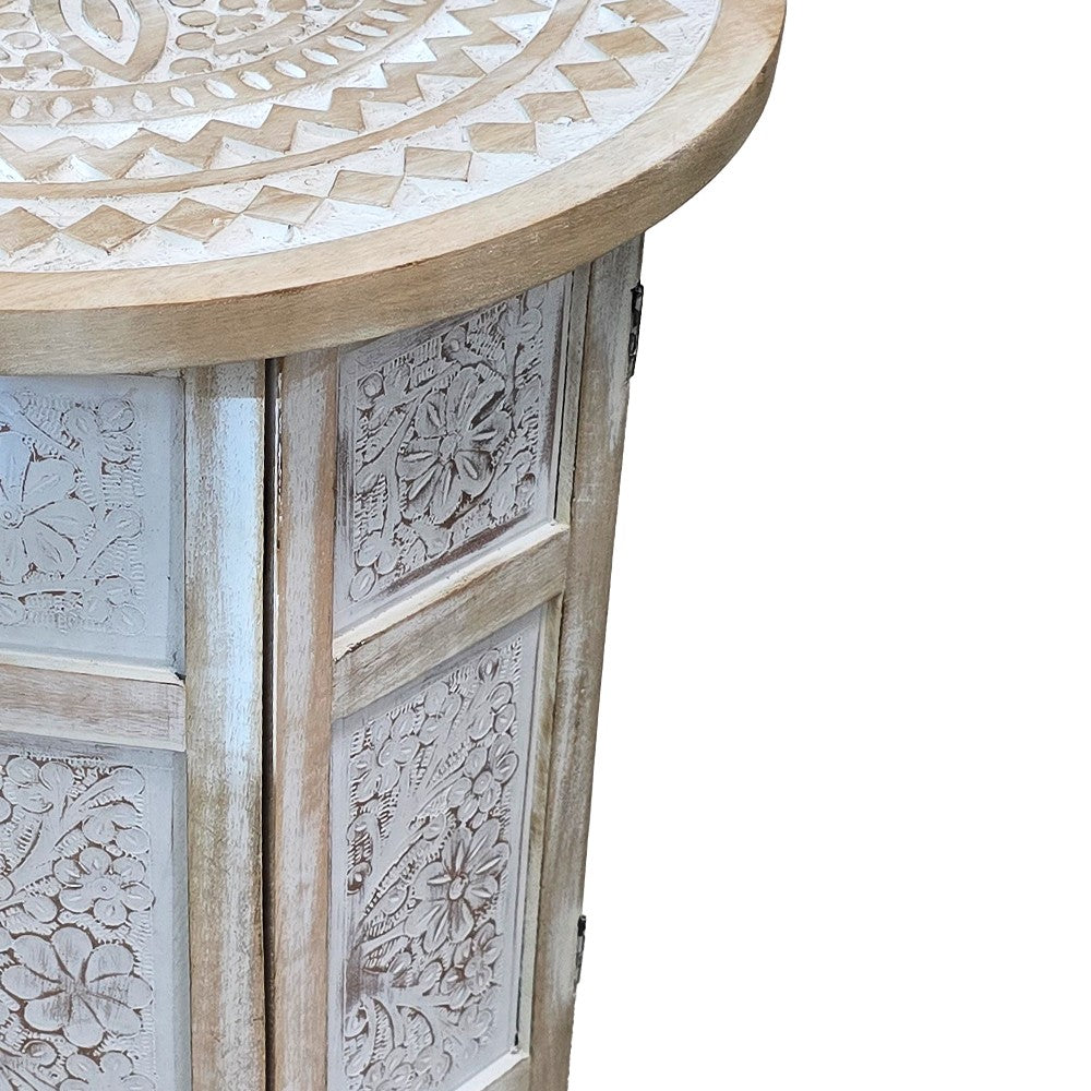 Accent Side Table Mango Wood 18 Inch Round Top Hand Carved Inlay Mandala Design Washed White UPT-315245