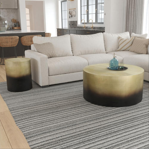 Dyan Coffee Table, 34.5 Inch Round Drum Shape, Black, Gold Antique Brass Ombre By The Urban Port