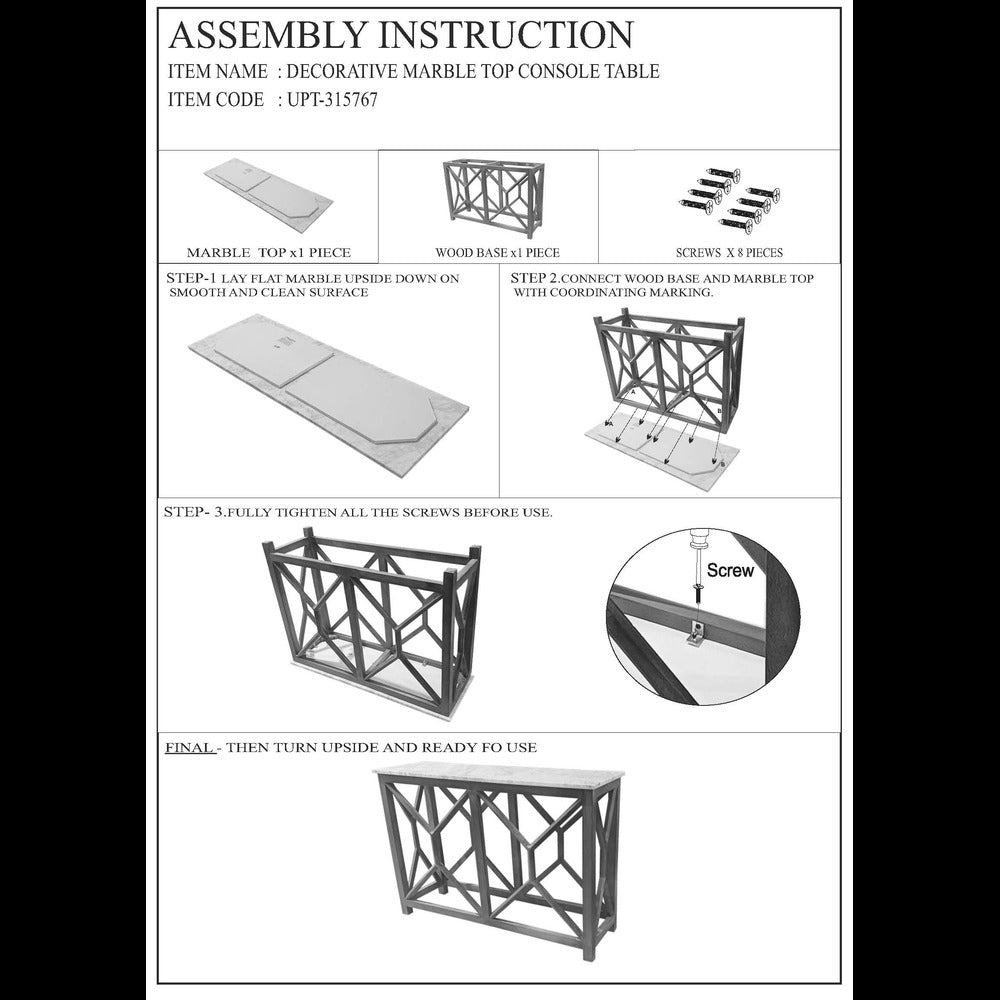 Agas Sofa Console Table 41 Inch White Genuine Marble Top Sandblasted Washed Ash Gray Mango Wood Geometric Frame