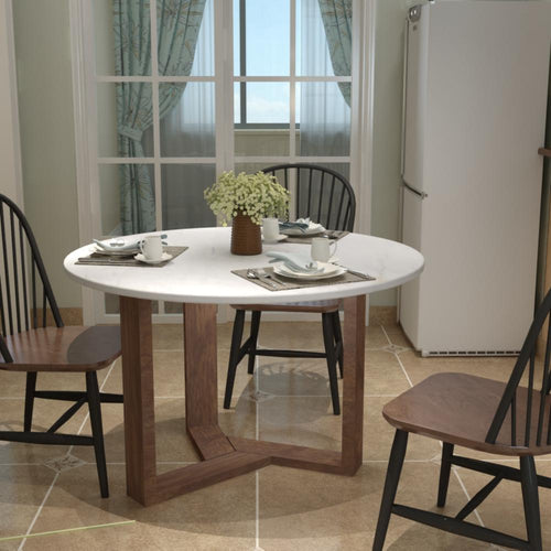 Fina Dining Table, 48 Inch Round White Genuine Marble Top, Natural Brown Mango Wood 3 Leg Sled Base The Urban Port