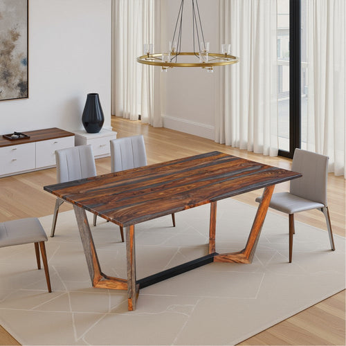 Myra 6 Seater Dining Table, 67" Rectangular Top in Walnut Brown and Antique Gray Sheesham Wood, Black Metal Base By The Urban Port