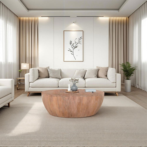 Arthur Drum Shape Wooden Coffee Table with Plank Design Base, Distressed Brown The Urban Port