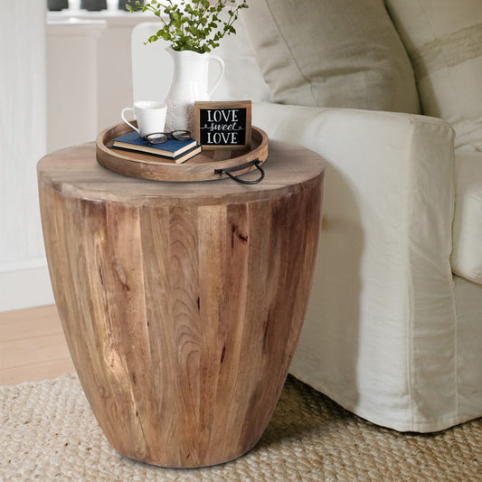 Arthur Handcarved Cylindrical Shape Round Mango Wood Distressed Wooden Side End Table, BrownBy The Urban Port