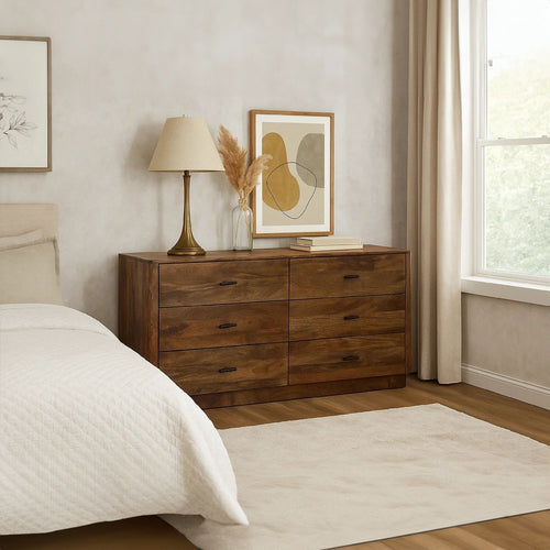 Tao 6 Drawers Dresser, Mango Wood, Walnut Finish, 60" By The Urban Port