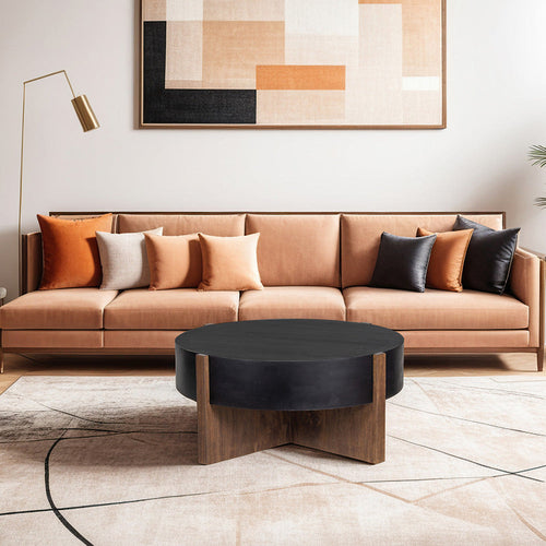 Naufe Coffee Table, 41 Inch Round Matte Black Top, Brown Cross Panel Legs, Mango Wood Frame By The Urban Port