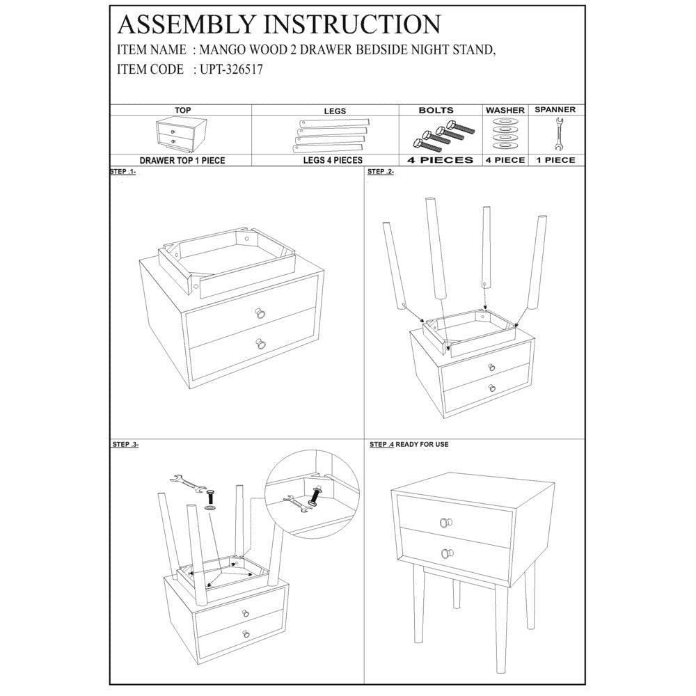 Nali Bedside Nightstand Table 2 Drawers Natural Brown Mango Wood Brass Knobs By The Urban Port