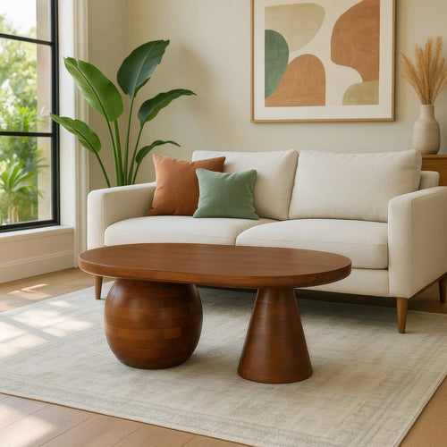 Leeds Coffee Table | 38" Handmade Walnut Brown Mango Wood Oval Top | Round Ball and Cone Base By The Urban Port