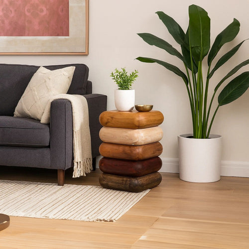 Zyra 18 Inch Side End Table, Sculptural Stacked Design, Mango and Acacia Wood Artisanship, Brown By The Urban Port