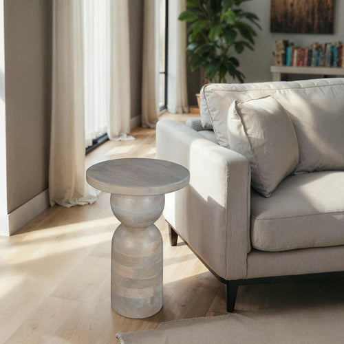 Tia 12 Inch Round Side End Table, Turned Pedestal Base, Beige Mango Wood in Natural Brown Finish By The Urban Port