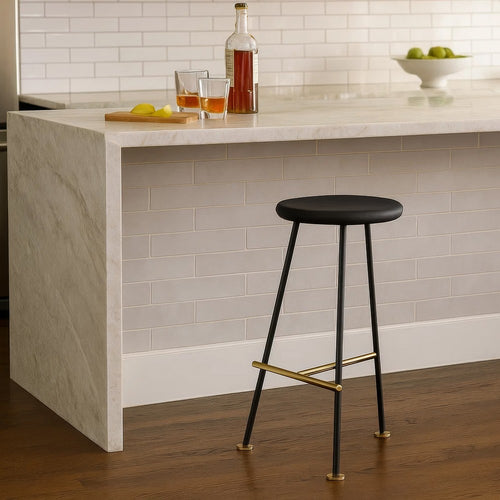 Elira 24" Backless Counter Stool with Round Mango Wood Seat | Black Iron Legs | Gold Footrest By The Urban Port