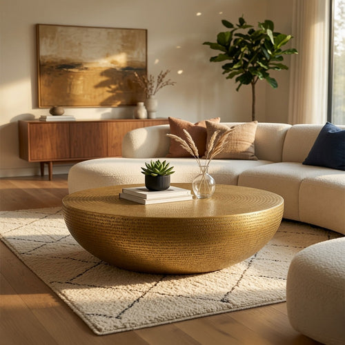 Antique Brass Coffee Table, 36 Inch Round Bowl Base with Hand Etched Texture, By The Urban Port