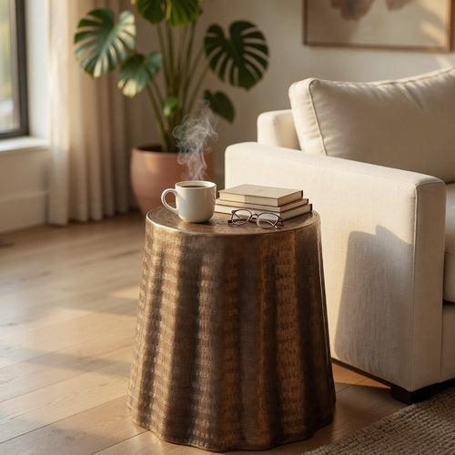 Liora 19" Round Side End Table | Handcrafted Bronze-Finish Aluminum | Textured Drape Design By The Urban Port