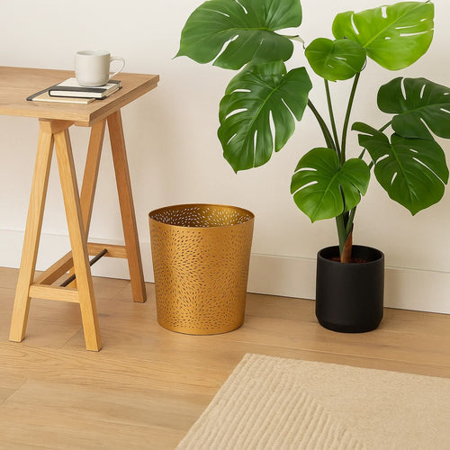 10" Decorative Iron Wastebasket Trash Can | Matte Gold | Leaf Etched Design By The Urban Port