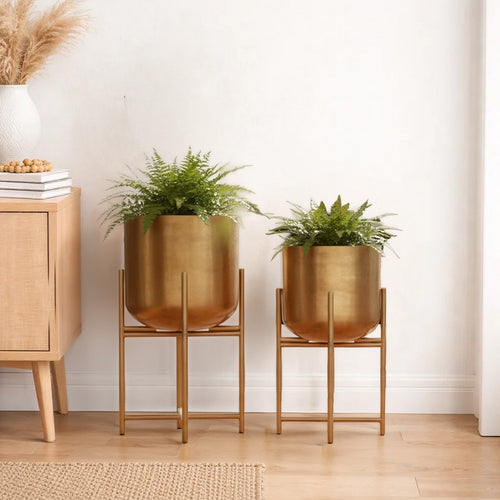 Aira Set of 2 Planters | 19, 22" Tall | Foldable Metal Stand | Antique Brass Finish By The Urban Port