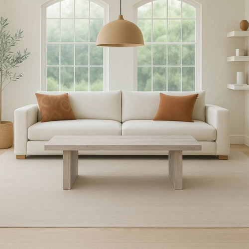 Nira Coffee Table | 48 Inch Rectangular Top | Handcrafted Washed White Acacia Wood | Panel Leg Base By The Urban Port