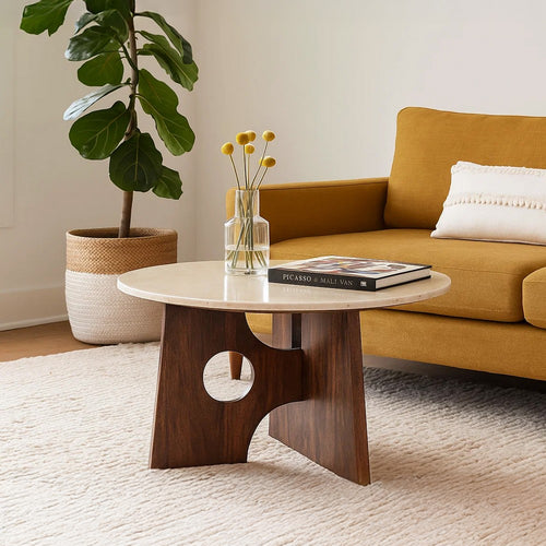 Kali Coffee Table | 27" Natural Round Marble Tabletop | Dark Brown Mango Wood Sculptural Base By The Urban Port