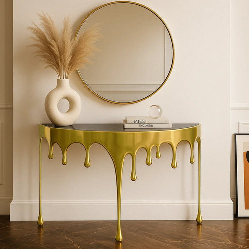 Capri Console Table | Melting Drip Design | Black Glass Top | Gold By The Urban Port