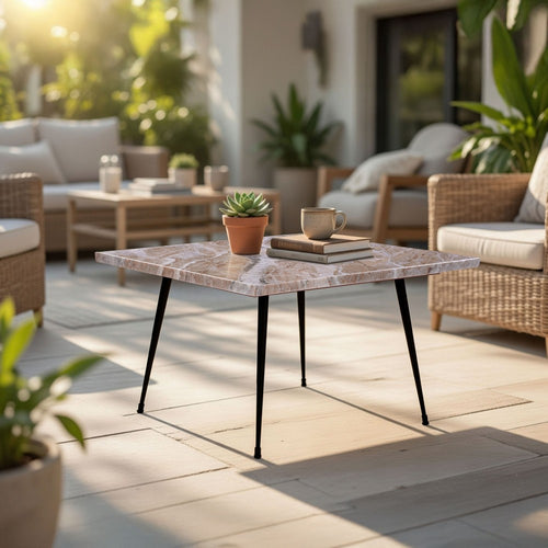 Taro Cocktail Table | 24 Inch Square Taupe Brown Marble Top | Indoor & Outdoor Patio Table | Black Metal Legs By The Urban Port