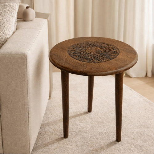 Ama Side End Table | 22 Inch Round Top | Indian Mandala Floral Carving | 3 Legs | Brown Mango Wood By The Urban Port