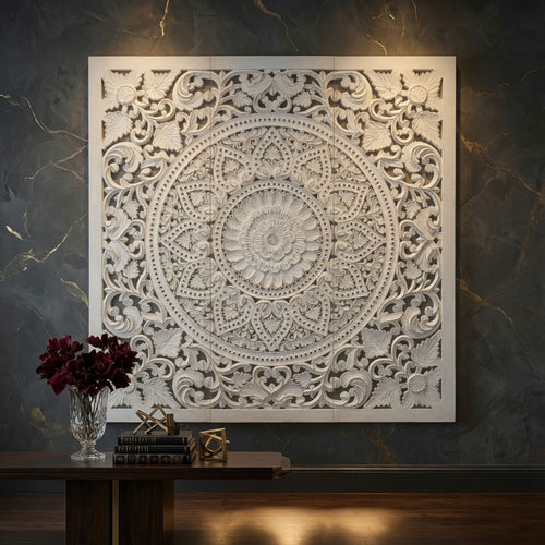 Josa 3pc Wood Wall Panel Set |Mandala Floral Carving | Antique White Finish | 48 Inch Square Decor By The Urban Port