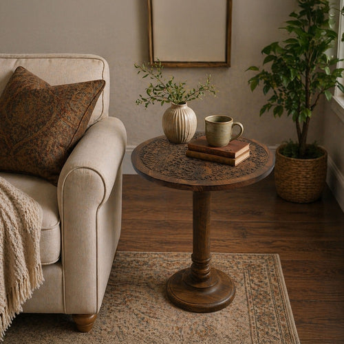 Ari 22 Inch Side End Table | Round Top | Hand Carved Indian Mandala Boho Accent | Brown Mango Wood By The Urban Port