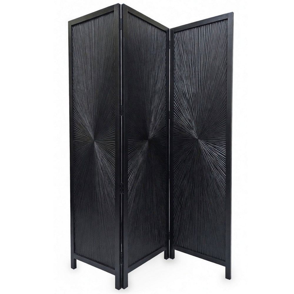Cava 3 Panel Folding Screen Room Divider| Sunburst Design | Black Mango Wood | 60x72 Inch By The Urban Port