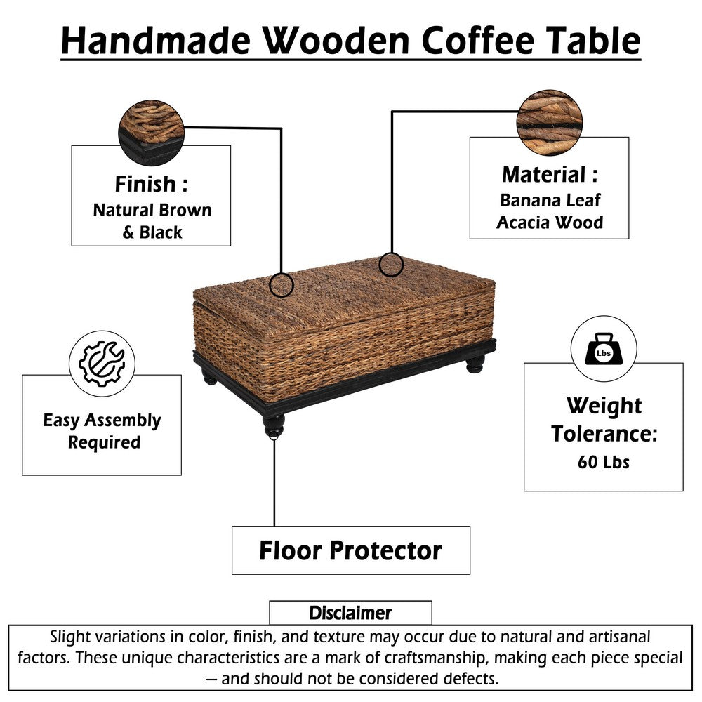 Jinu 48 " Coffee Table with Natural Brown Woven Banana Leaf Top | Black Acacia Wood Base | Organic Decor By The Urban Port
