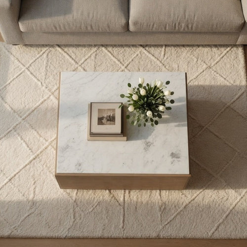 Joi 38" Square Coffee Table | Real White Marble Top | Solid Mango Wood Base | S&blasted Light Brown By The Urban Port