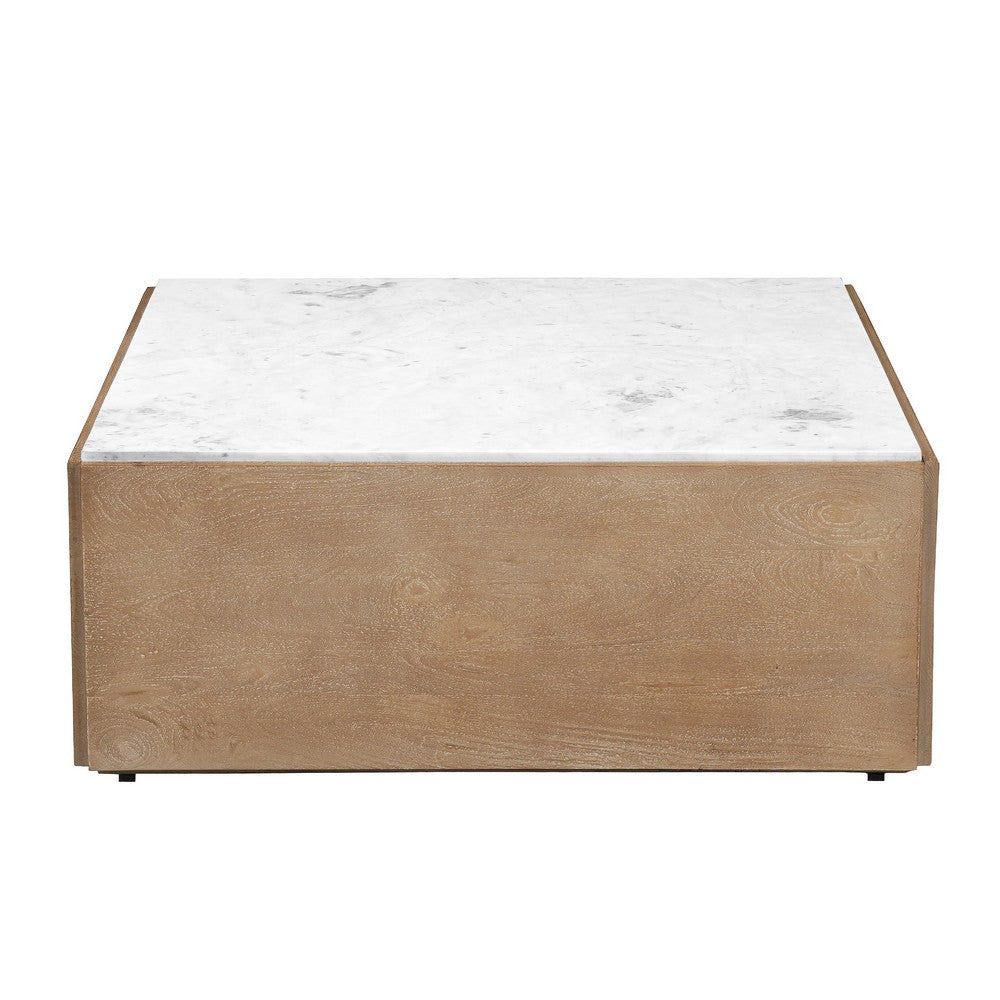 Joi 38 Inch Square Coffee Table, Natural White Marble Top, Solid Mango Wood Base, Sandblasted Light Brown By The Urban Port
