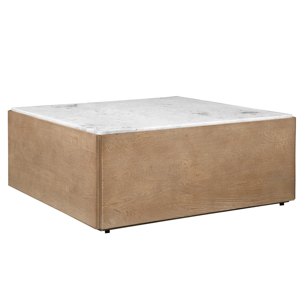 Joi 38" Square Coffee Table | Real White Marble Top | Solid Mango Wood Base | S&blasted Light Brown By The Urban Port