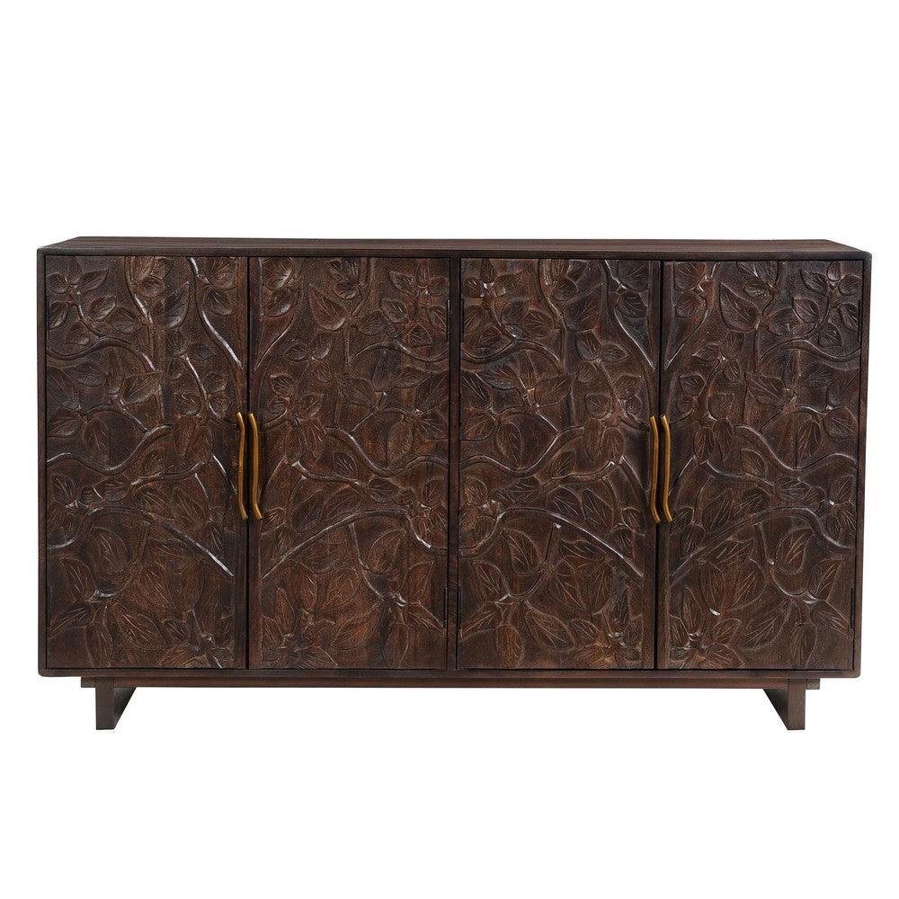 Suzi 4 Door Sideboard Storage Cabinet | Antique Brass H&les | H&carved Floral Motifs | Brown Mango Wood | 60" By The Urban Port