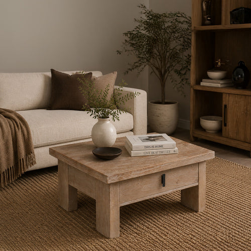Les 36" Square Coffee Table with Panel Legs | 2 Storage Drawers | Matte Brown Mango Wood | Black H&les By The Urban Port