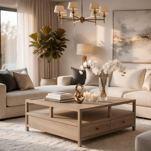 Hika 45" Square Coffee Table | 4 Storage Drawers & Open Shelf | Light Brown Mango Wood By The Urban Port