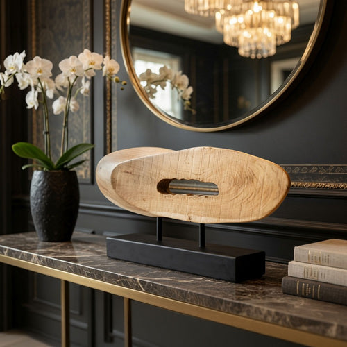 Kyni 24 " Natural Brown Acacia Wood Tabletop Sculpture | Organic Oval Decor | Black Iron Base By The Urban Port