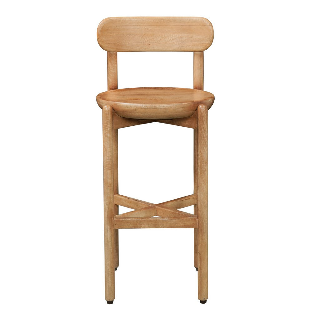 Maona Bar Stool Chair with Round Seat | Curved Open Back | Natural Brown Mango Wood By The Urban Port
