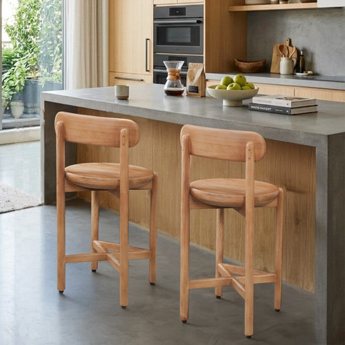 Maona Counter Stool Chair with Round Seat | Curved Open Back | Natural Brown Mango Wood By The Urban Port