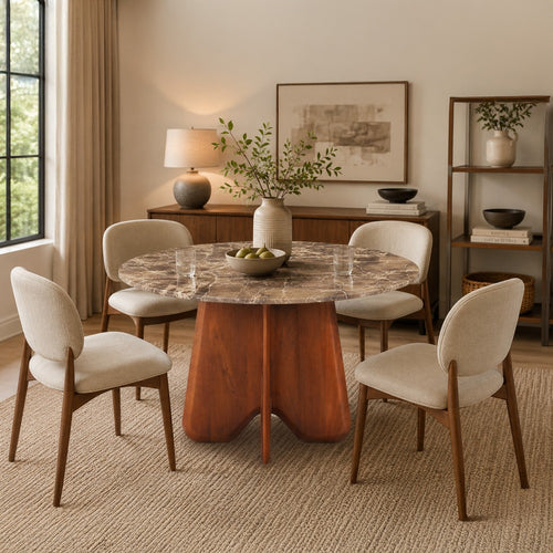 Zena 47 " Round Dining Table | Spanish Emperador Marble Top | Brown Mango Wood Cross Legs By The Urban Port