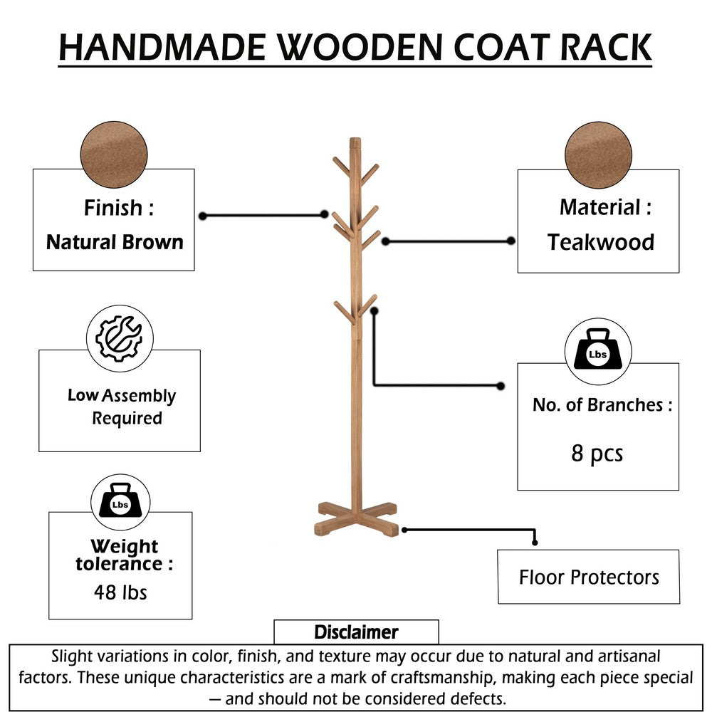 Hiya Freestanding Hat, Coat Rack | 8 Branch Hooks | Natural Brown Teakwood | 72" By The Urban Port