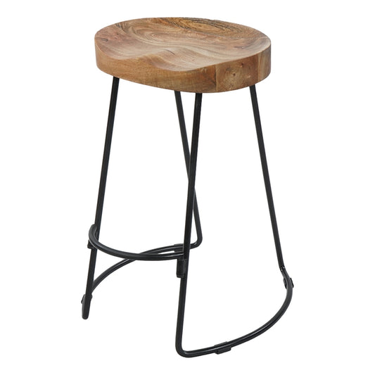 24 Inch Handcrafted Backless Barstool, Natural Brown Mango Wood Thick Saddle Seat, Black Iron Base By The Urban Port