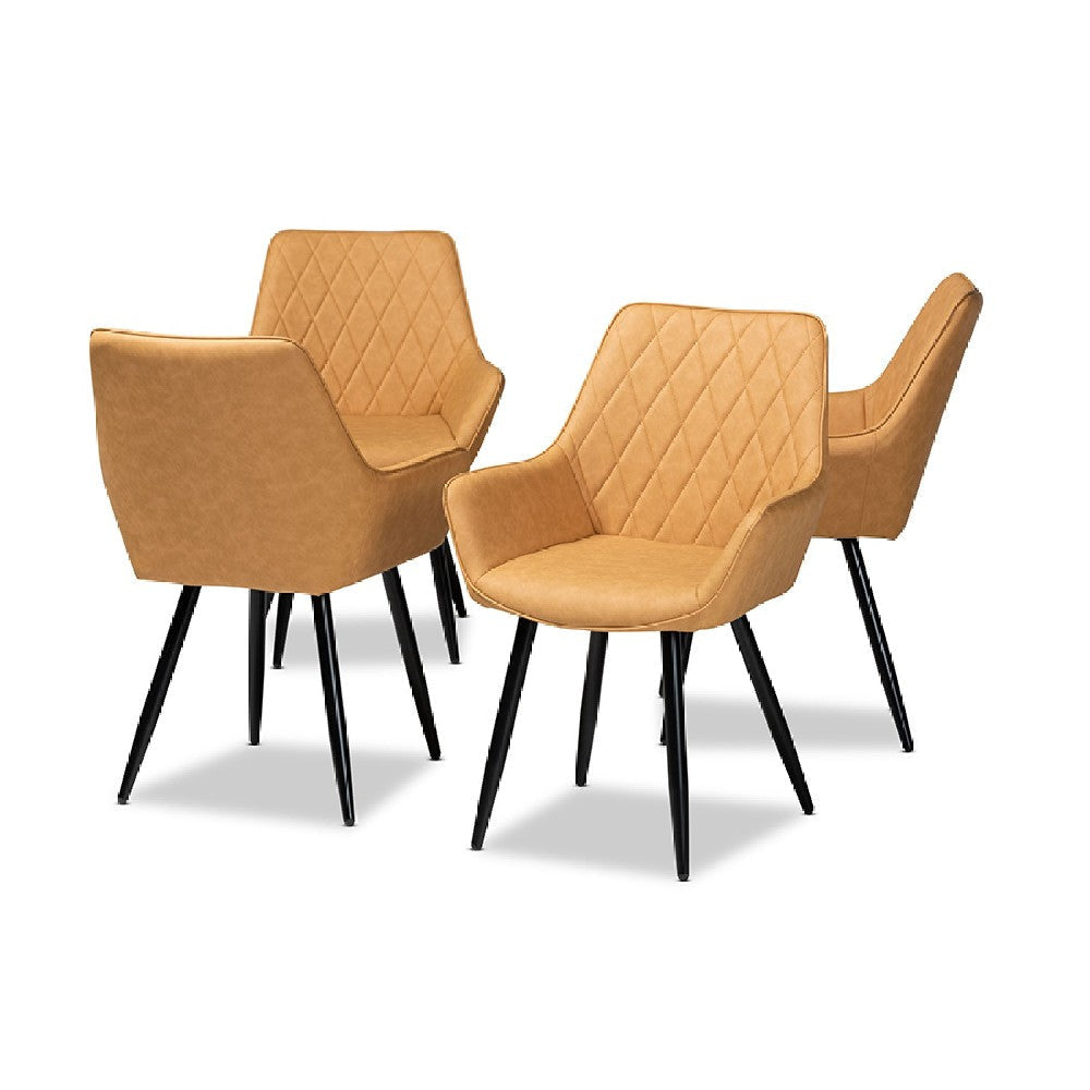 Baxton Studio Astrid Mid-Century Contemporary Tan Faux Leather Upholstered and Black Metal 4-Piece Dining Chair Set