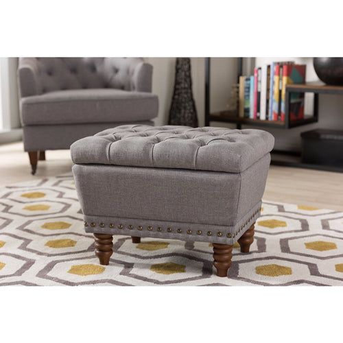 Baxton Studio Annabelle Modern and Contemporary Light Grey Fabric Upholstered Walnut Wood Finished Button-Tufted Storage Ottoman