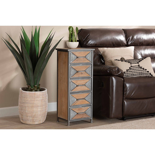 Baxton Studio Laurel Rustic Industrial Antique Grey Finished Metal and Whitewashed Oak Brown Finished Wood 5-Drawer Accent Storage Cabinet