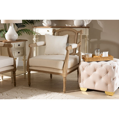 Baxton Studio Clemence French Provincial Ivory Fabric Upholstered Whitewashed Wood Armchair