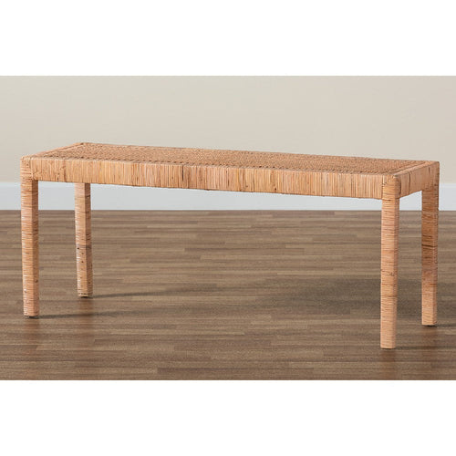 bali & pari Abelia Modern Bohemian Natural Rattan and Mahogany Wood Long Accent Bench