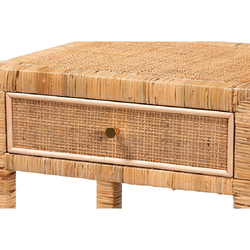 bali & pari Adelia Modern Bohemian Natural Rattan and Mahogany Wood 1-Drawer Nightstand