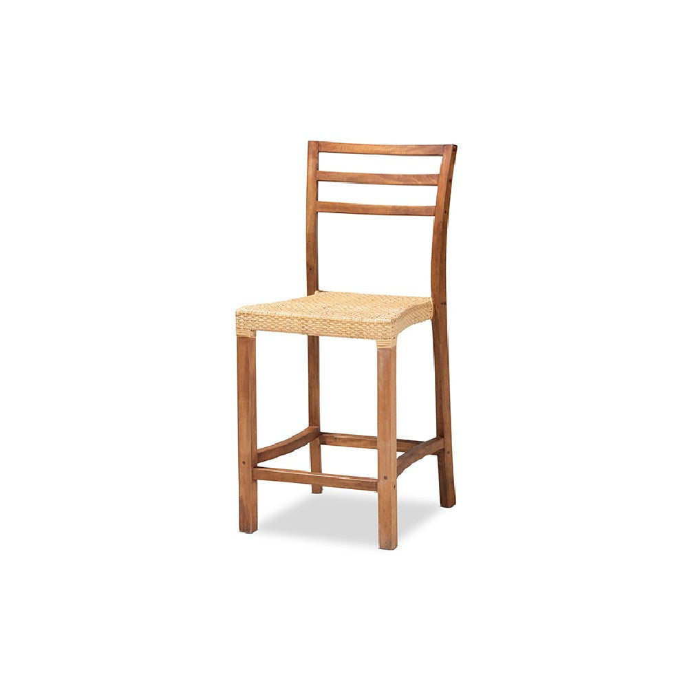 bali & pari Arthur Mid-Century Modern Walnut Brown Mahogany Wood and Natural Rattan Counter Stool WHI-Arthur-Teak-CS