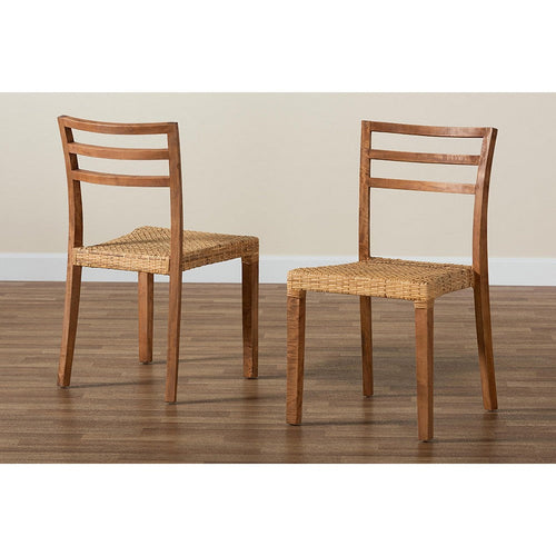 bali & pari Arthur Mid-Century Modern Walnut Brown Mahogany Wood and Natural Rattan 2-Piece Dining Chair Set